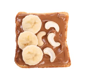 Photo of Toast with tasty nut butter, banana slices and cashews isolated on white, top view