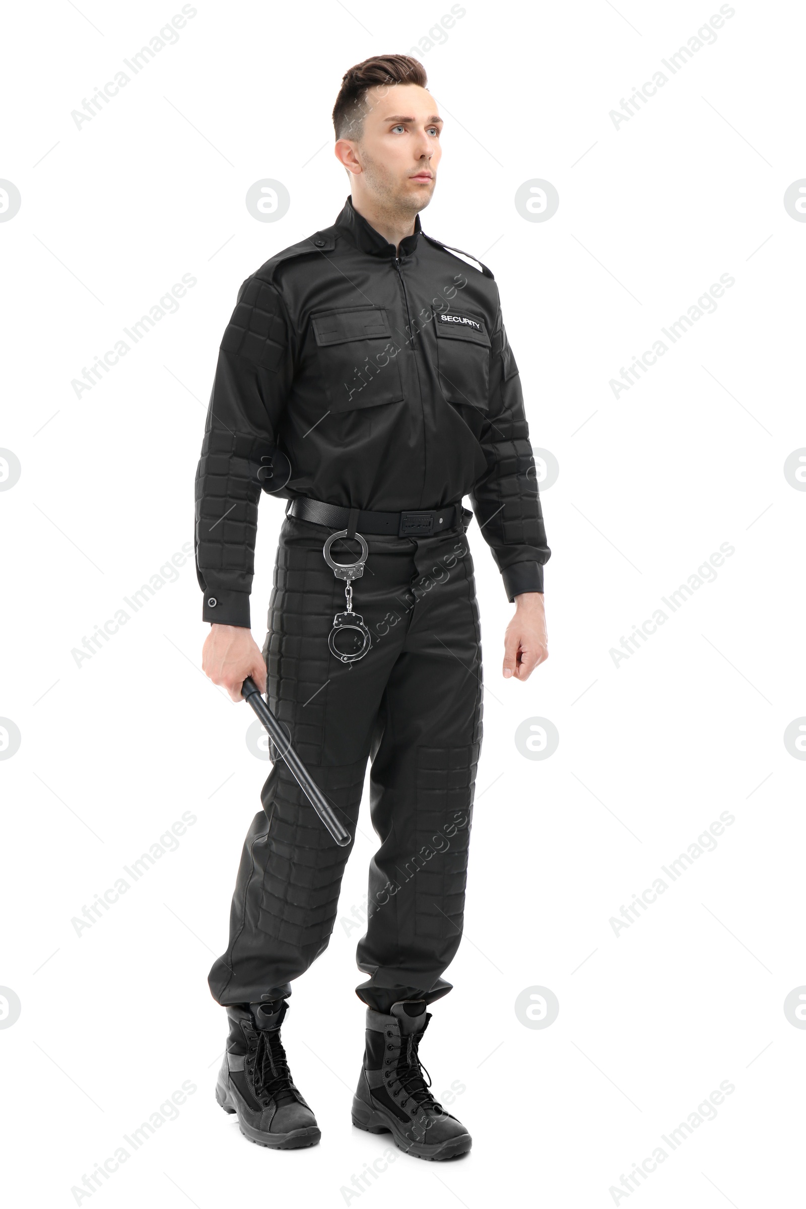 Photo of Male security guard with police baton on white background