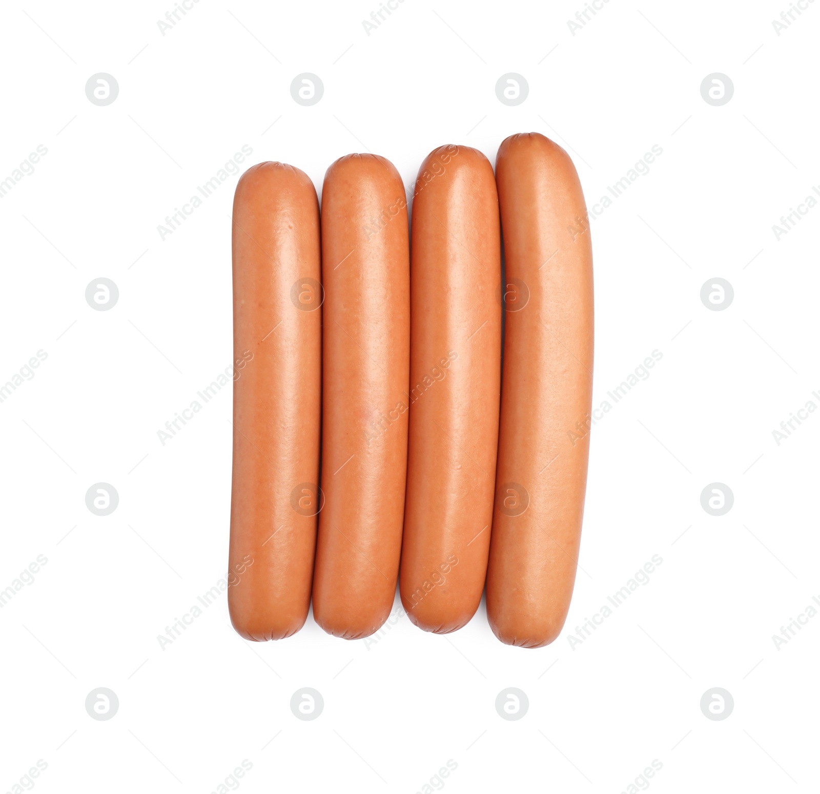 Photo of Fresh raw sausages isolated on white, top view. Ingredients for hot dogs