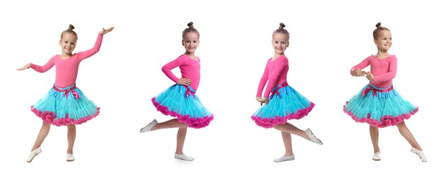 Cute little girl in costume dancing on white background, set of photos