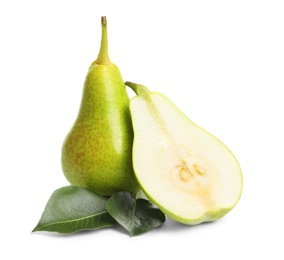 Whole and sliced pears on white background