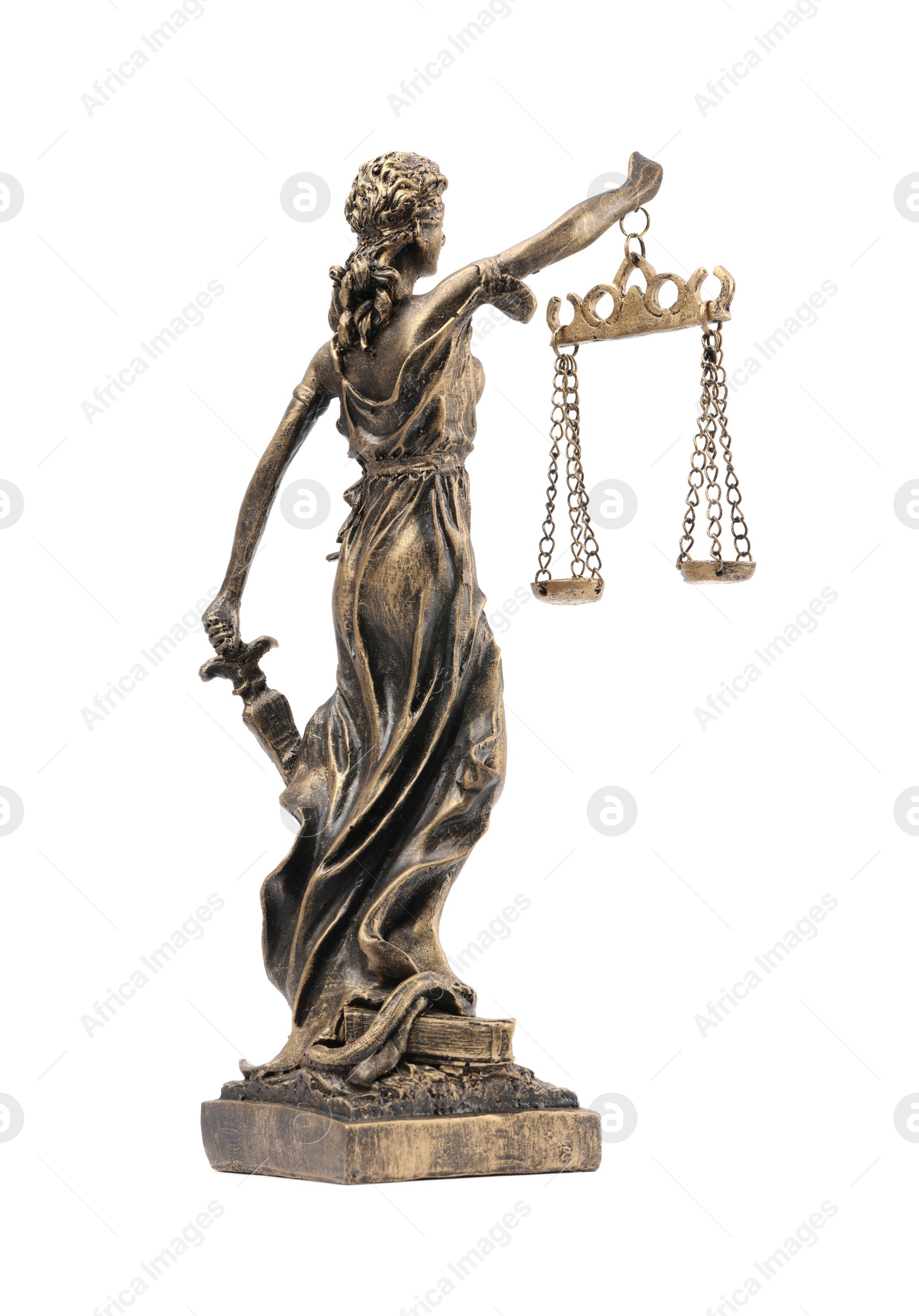 Photo of Statue of Lady Justice isolated on white. Symbol of fair treatment under law