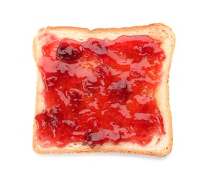 Photo of Toast with jam on white background, top view