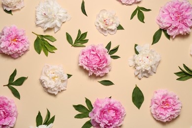 Flat lay composition with beautiful peony flowers on beige background