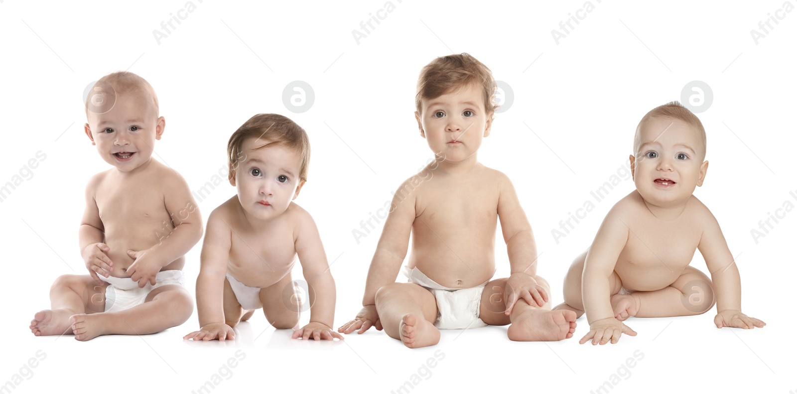 Image of Collage with photos of cute babies in diapers on white background. Banner design