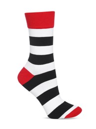 Photo of Striped sock isolated on white. Footwear accessory