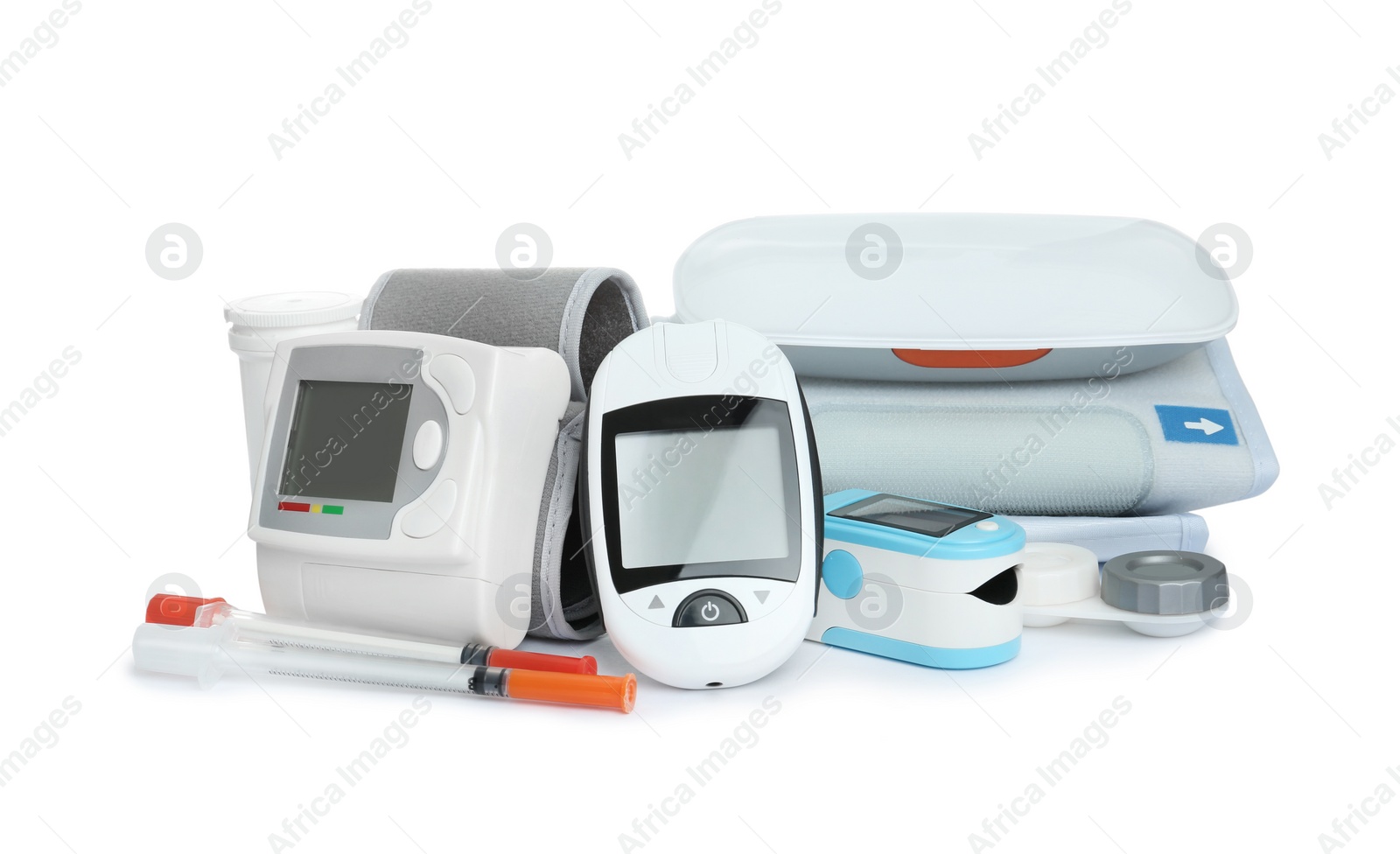 Photo of Different medical objects on white background. Health care