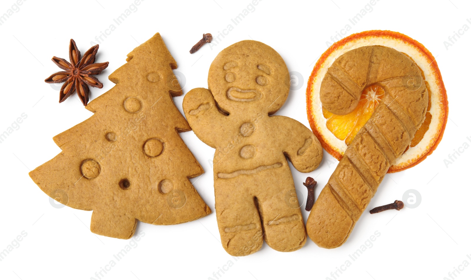 Photo of Different tasty cookies and spices on white background, top view