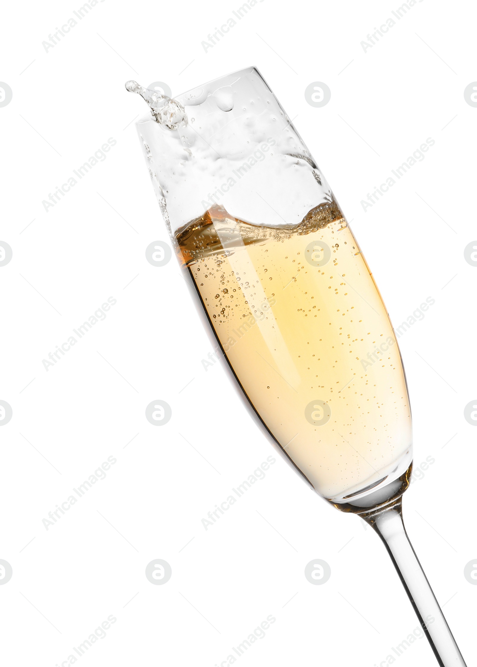 Photo of Glass of champagne on white background. Festive drink