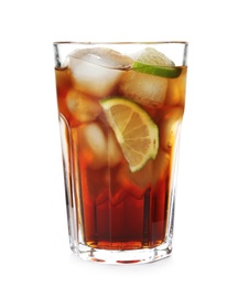 Photo of Glass of cocktail with cola, ice and cut lime on white background