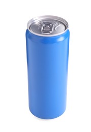 Photo of Energy drink in blue aluminum can isolated on white