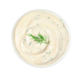 Photo of Tasty creamy dill sauce in bowl isolated on white, top view