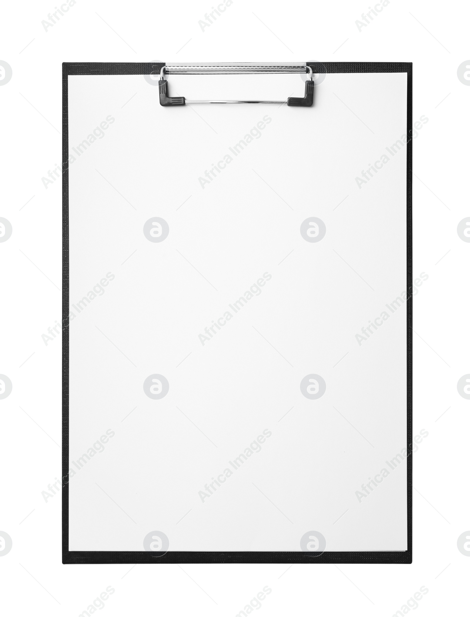 Photo of Clipboard with sheet of paper isolated on white, top view. Space for text