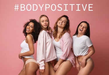 Image of Beautiful smiling women on pink background with hashtag Bodypositive