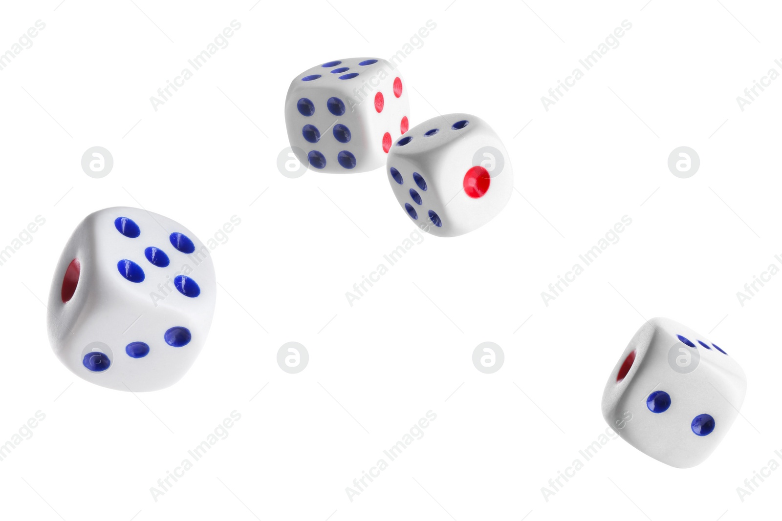 Image of Four dice in air on white background