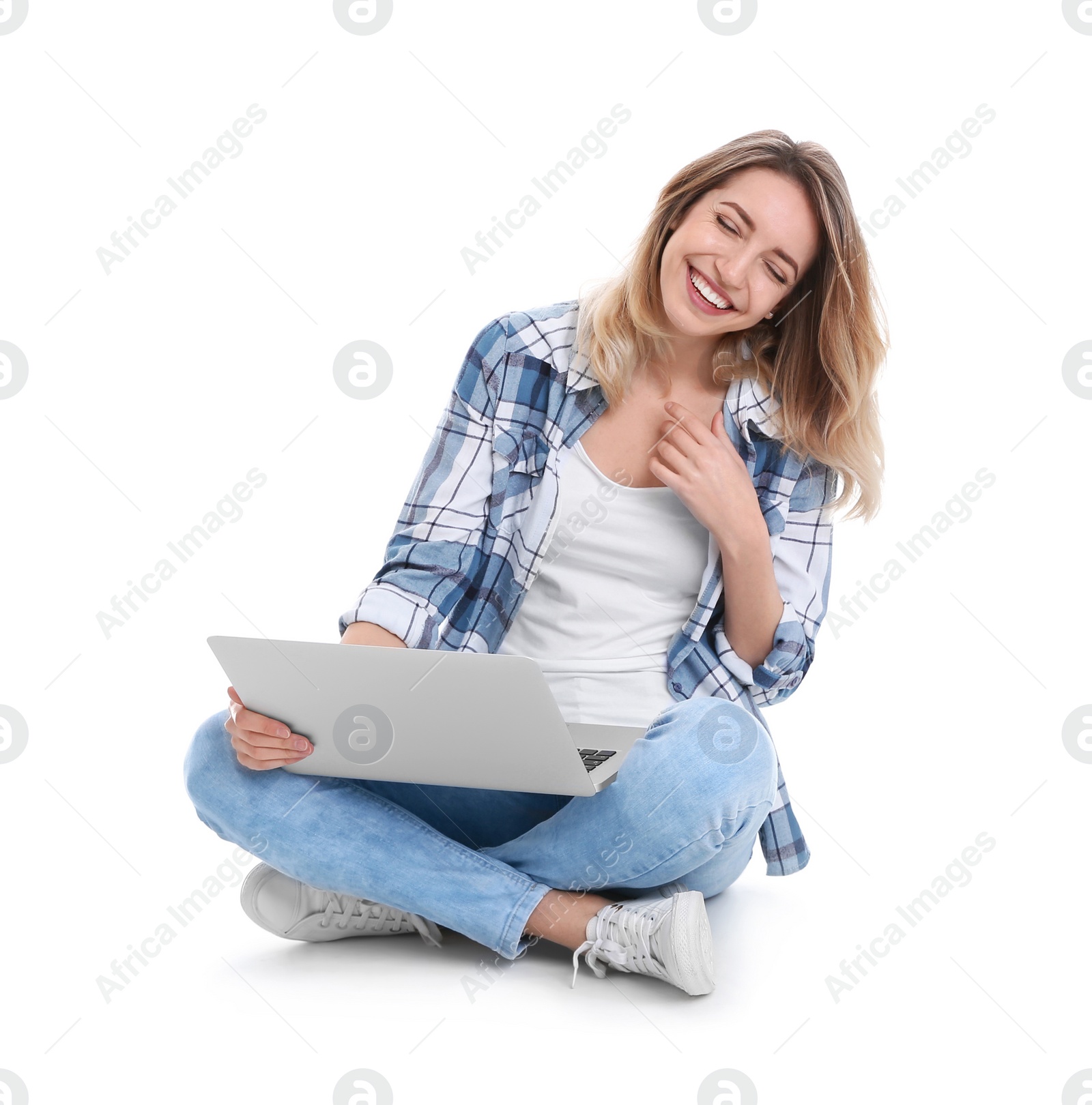 Photo of Woman using laptop for video chat isolated on white