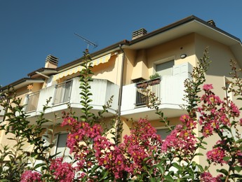 Modern residential building with beautiful garden in yard