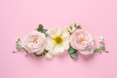 Photo of Different beautiful flowers on pink background, flat lay