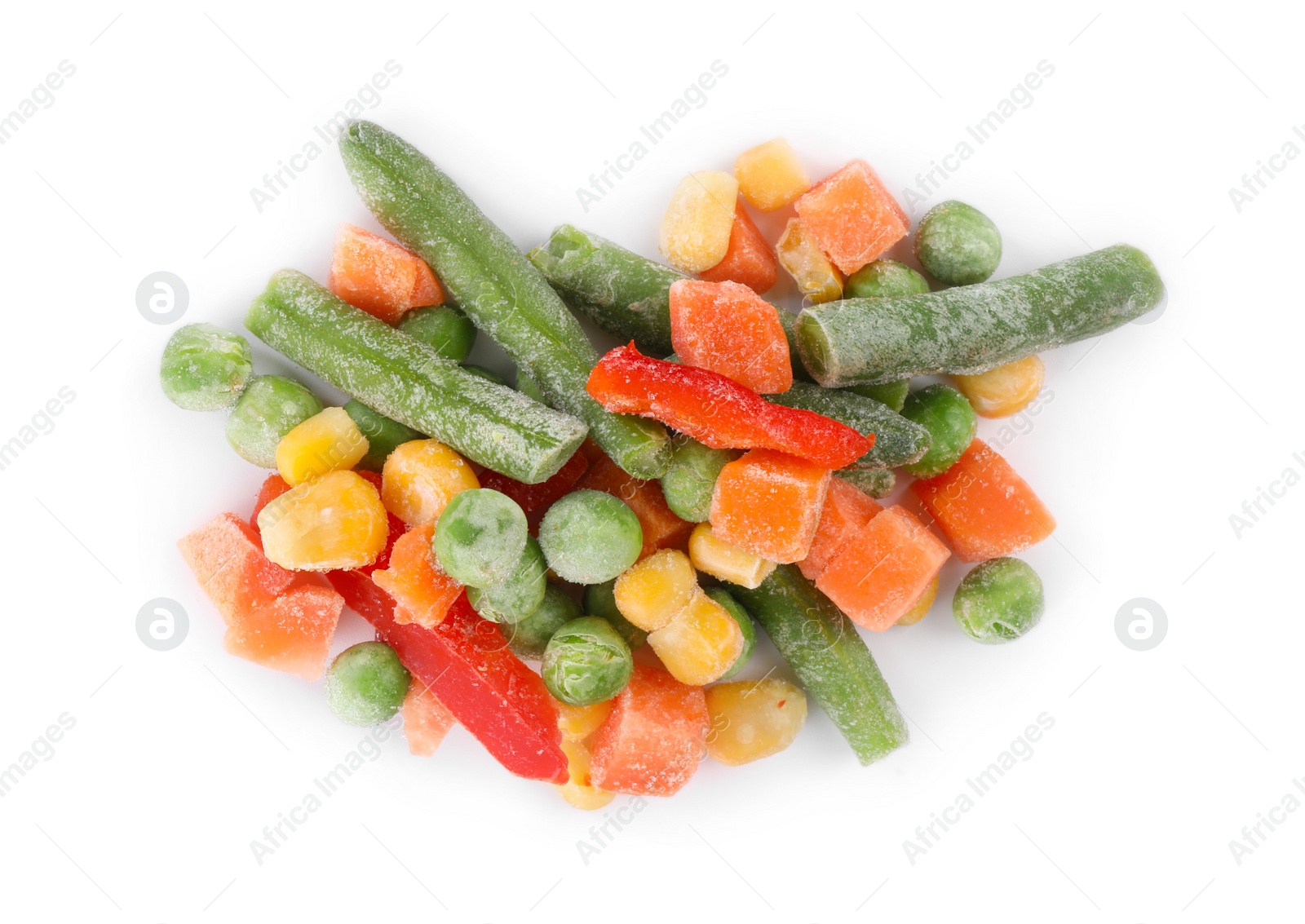 Photo of Mix of different frozen vegetables isolated on white, top view