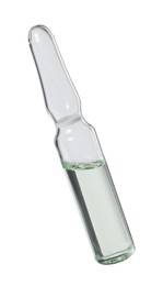 Glass ampoule with pharmaceutical product on white background