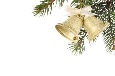Photo of Christmas bells with bow hanging on fir tree branch against white background