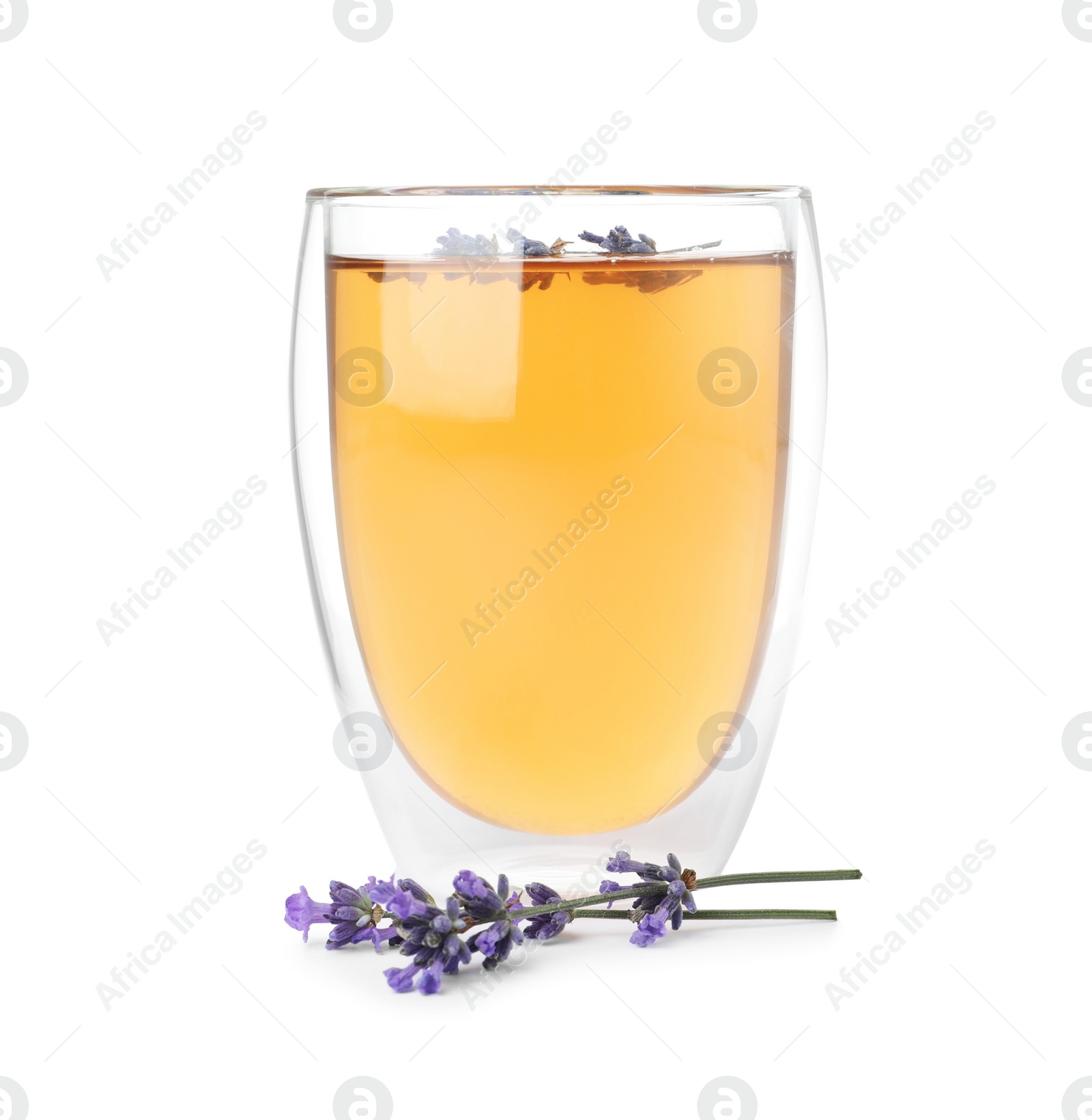 Photo of Fresh delicious tea with lavender and beautiful flowers isolated on white