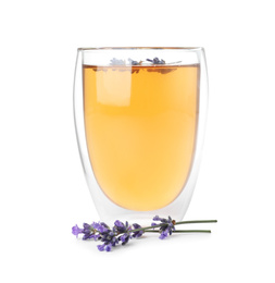 Fresh delicious tea with lavender and beautiful flowers isolated on white