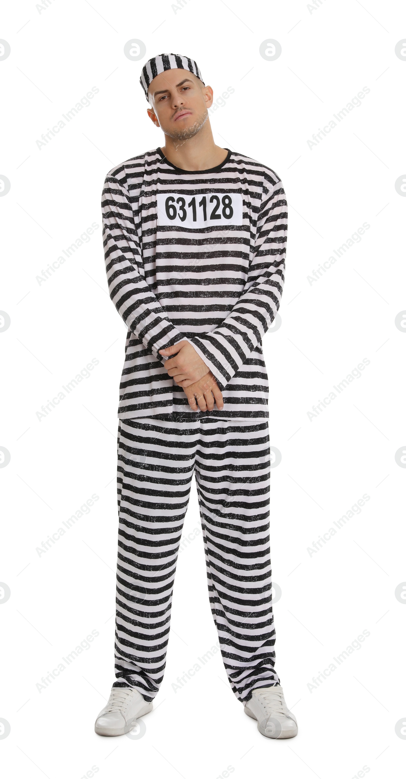 Photo of Prisoner in striped uniform on white background