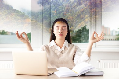 Beautiful young woman meditating at workplace, double exposure with mountain landscape. State of mindfulness
