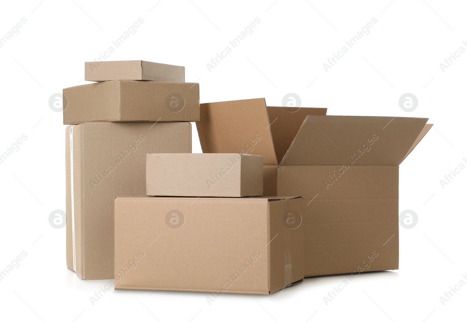 Photo of Pile of cardboard boxes on white background