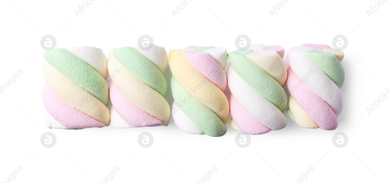 Photo of Delicious colorful marshmallows on white background, top view