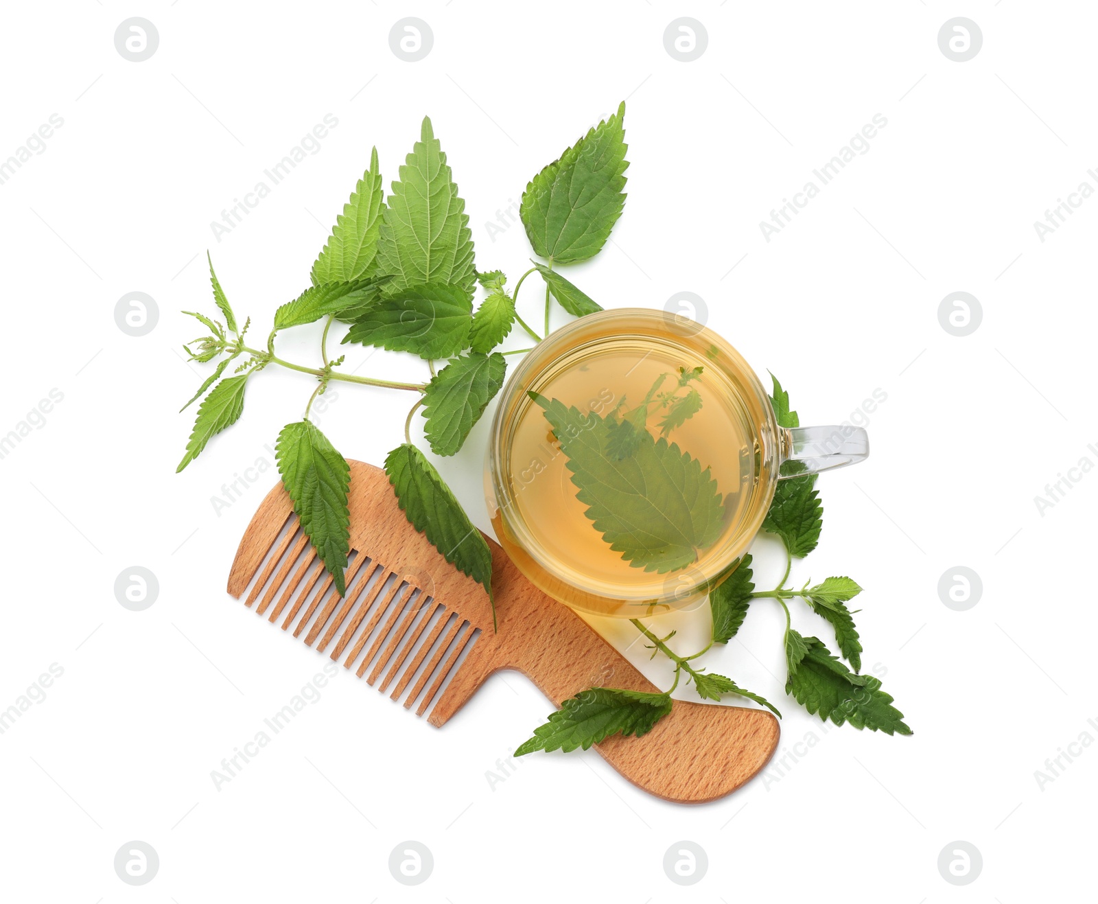 Photo of Stinging nettle infusion, green leaves and comb on white background, top view. Natural hair care