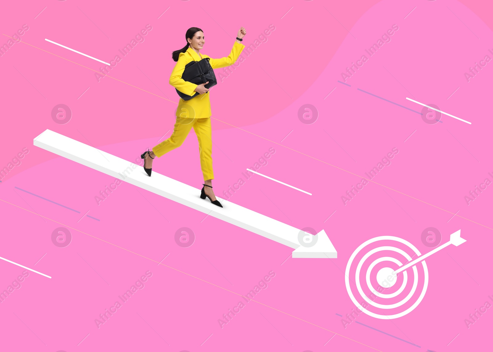 Image of Target achievement. Happy businesswoman running on arrow, leading her to dartboard on pink background