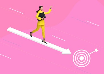 Image of Target achievement. Happy businesswoman running on arrow, leading her to dartboard on pink background