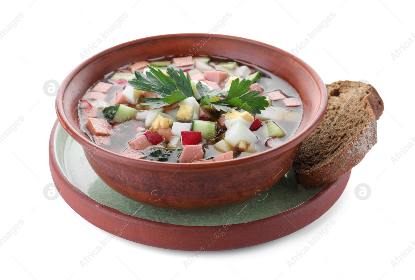 Photo of Delicious cold okroshka with kvass isolated on white. Traditional Russian summer soup