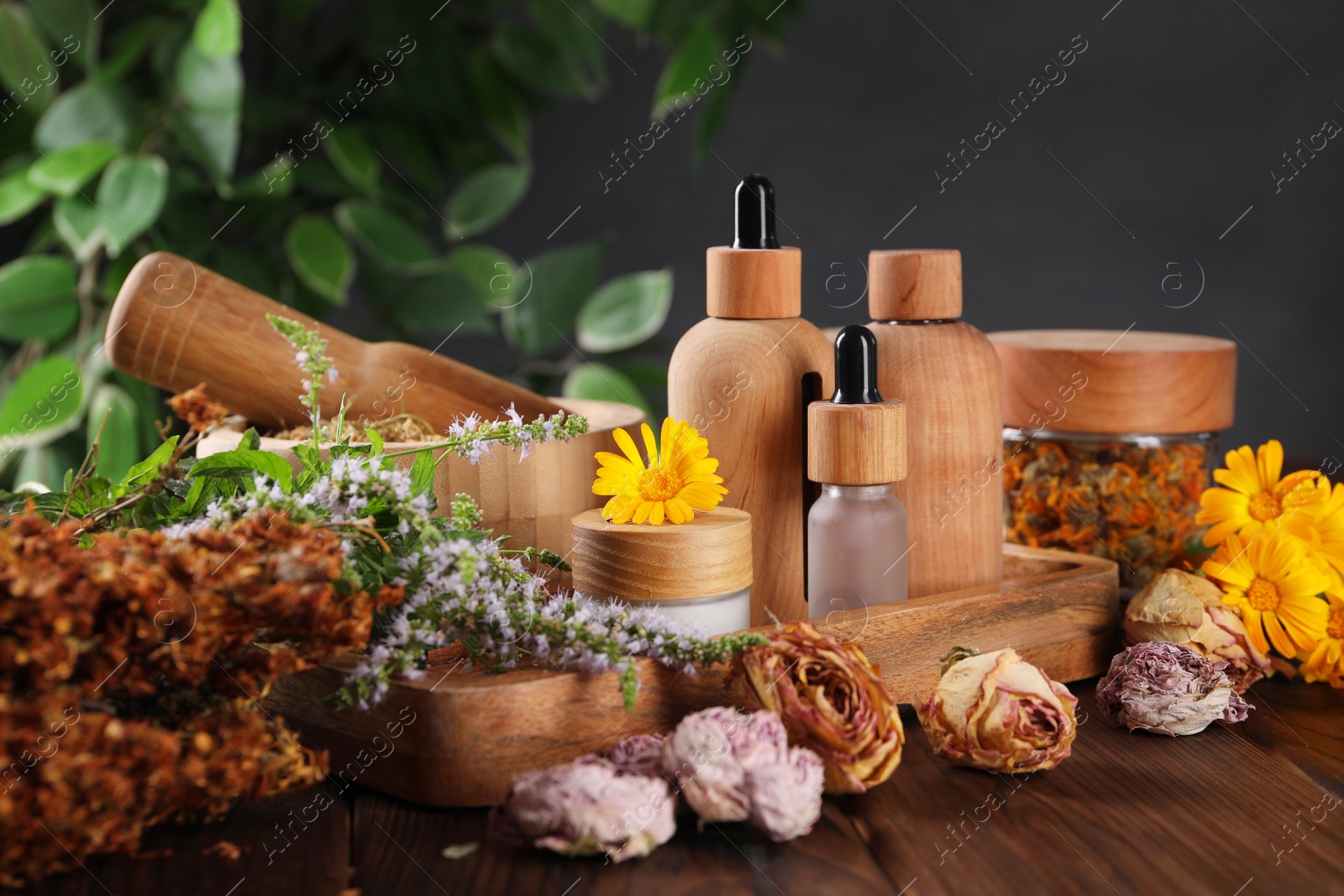 Photo of Jar, bottles of essential oils and different herbs on wooden table