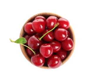 Photo of Wooden bowl of delicious ripe sweet cherries on white background, top view