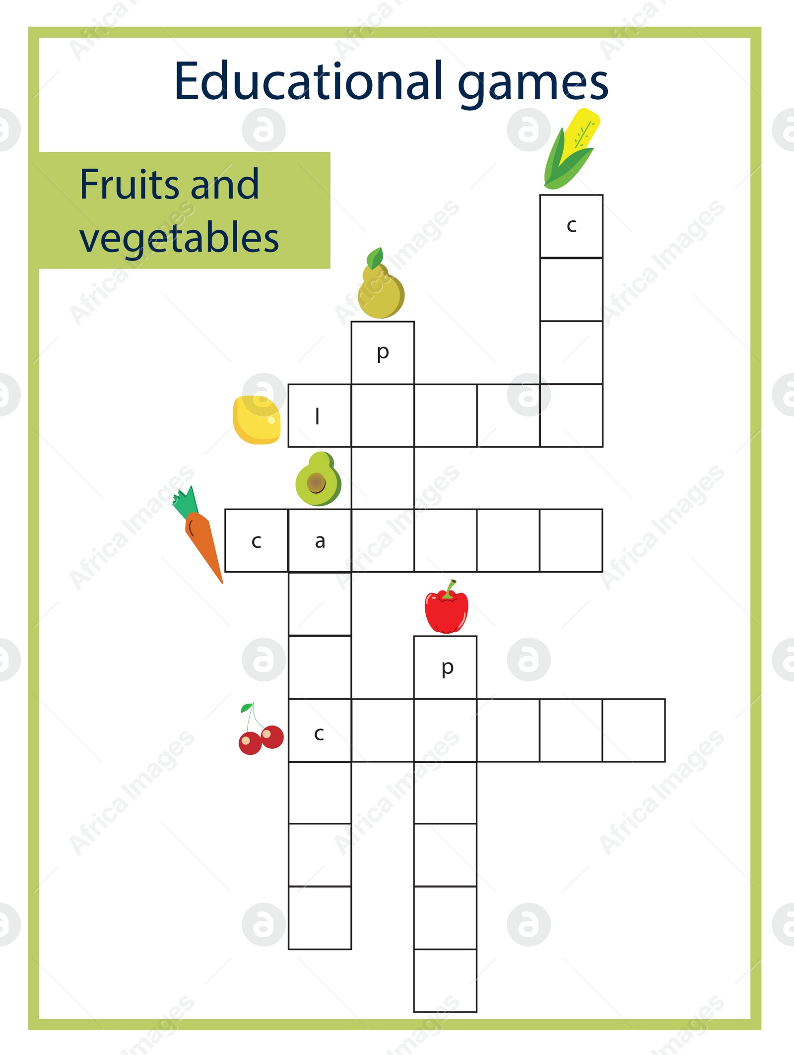 Illustration of Educational games for kids. Fruits and vegetables themed crossword, illustration