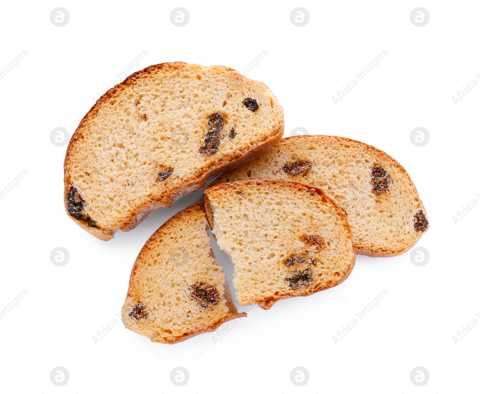 Photo of Sweet hard chuck crackers with raisins on white background, top view