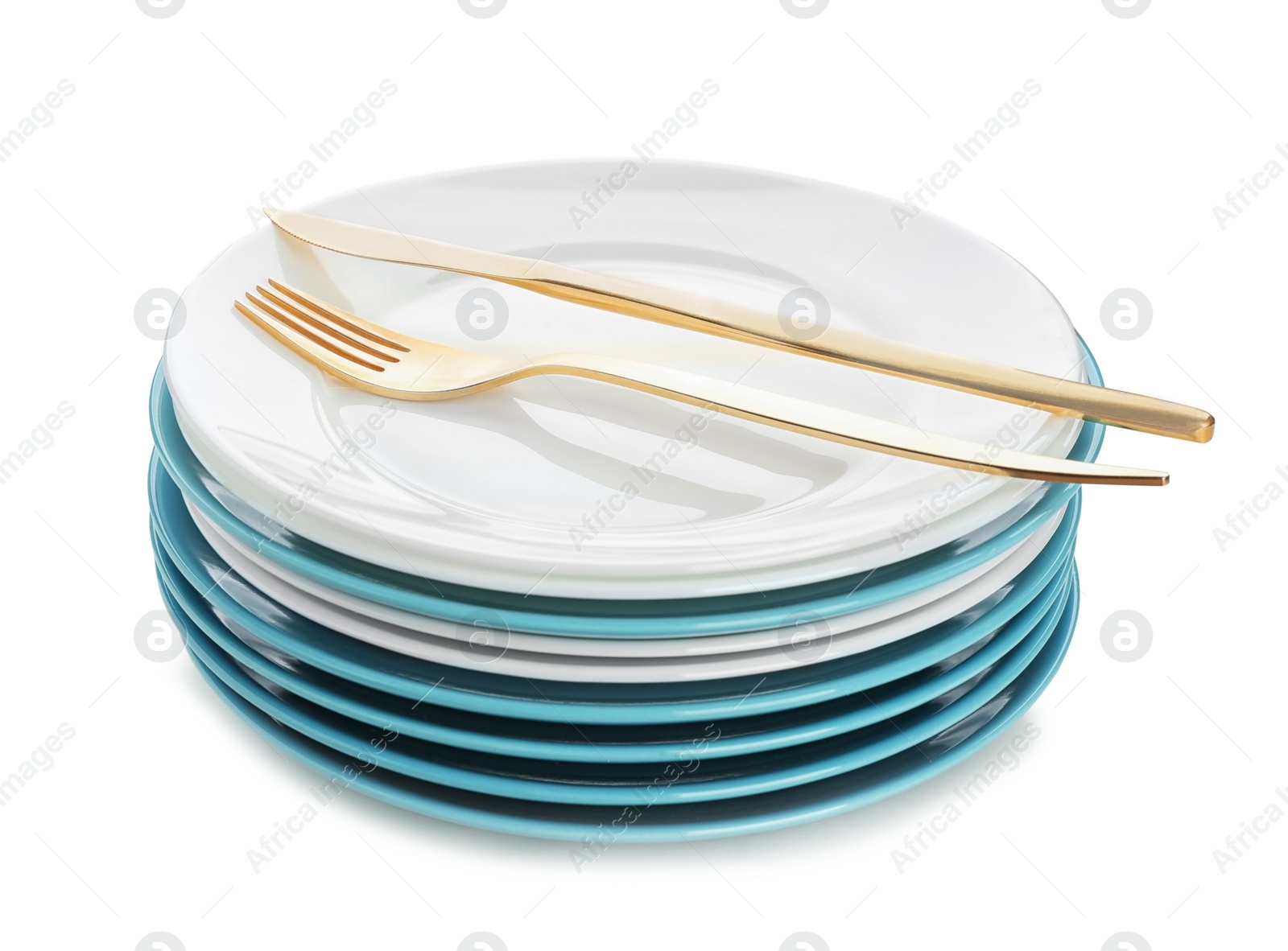 Photo of Stack of plates with fork and knife on white background