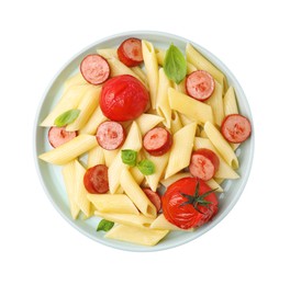 Tasty pasta with smoked sausage, tomatoes and basil isolated on white, top view