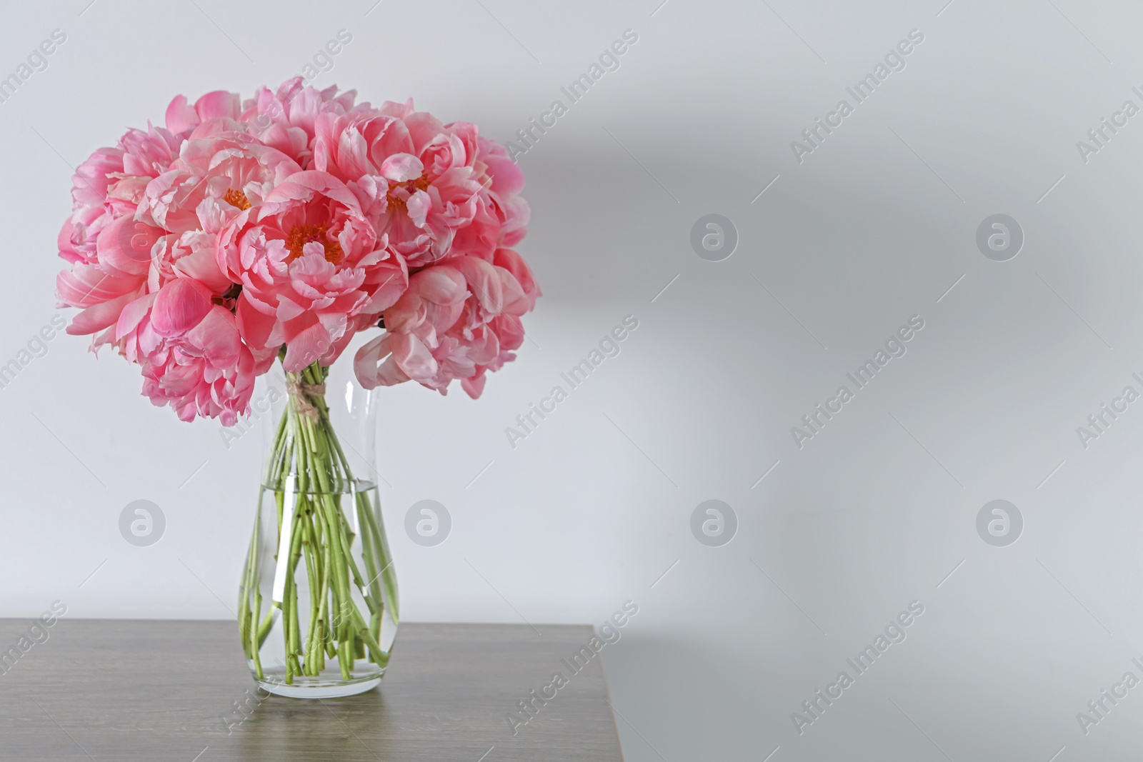 Photo of Beautiful bouquet of pink peonies in vase on wooden table against white background. Space for text