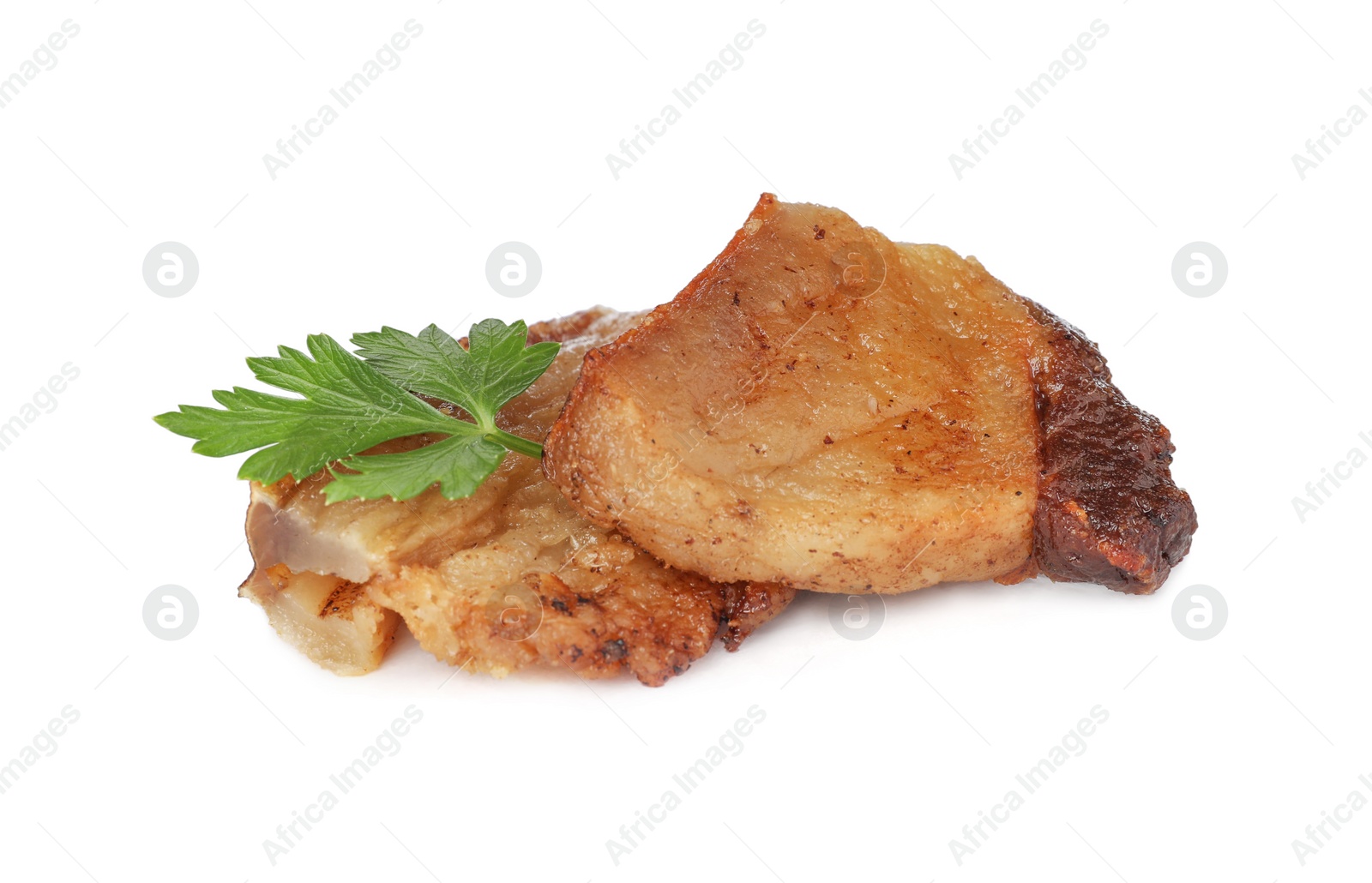 Photo of Tasty fried cracklings with parsley on white background. Cooked pork lard