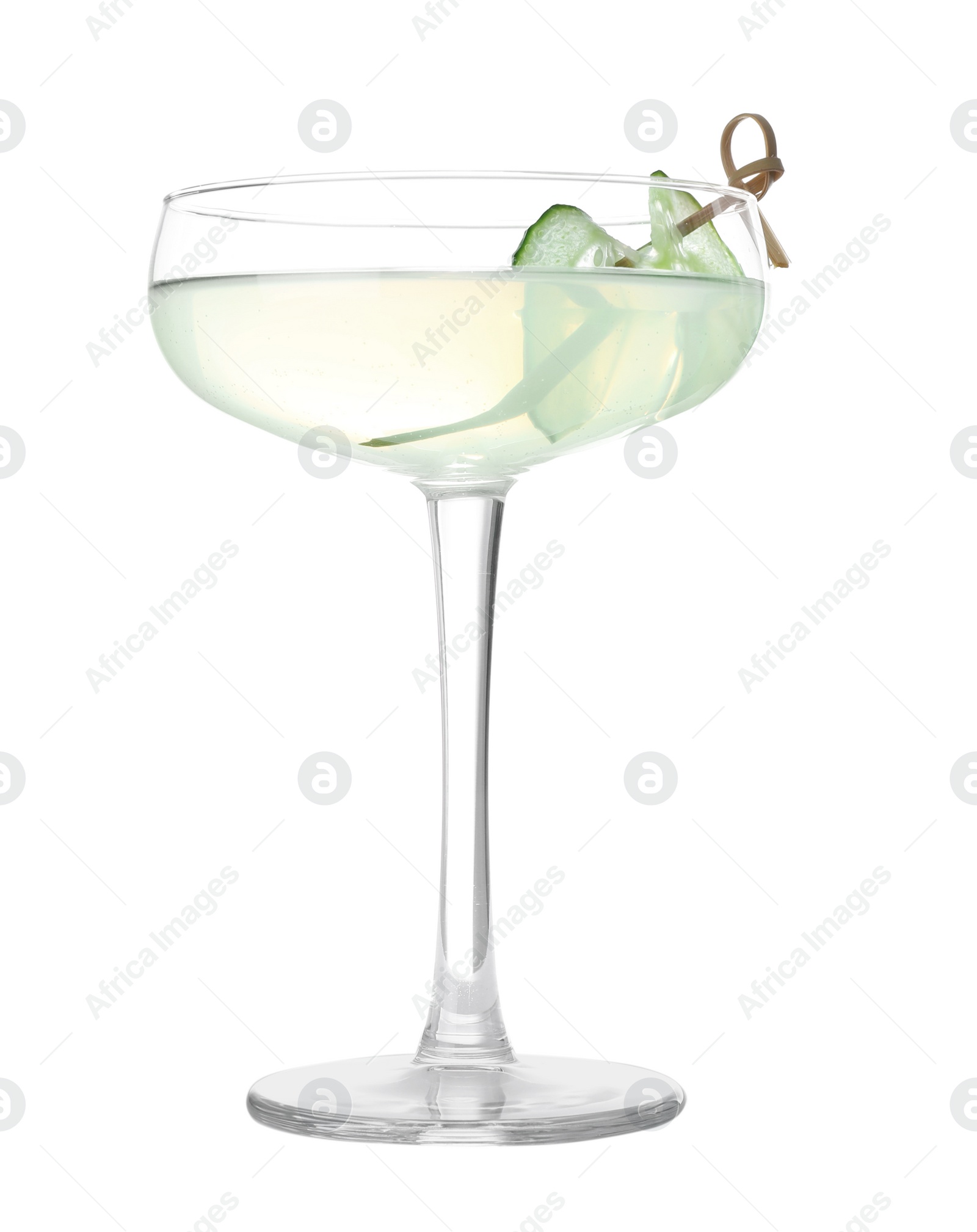 Photo of Glass of tasty martini with cucumber on white background