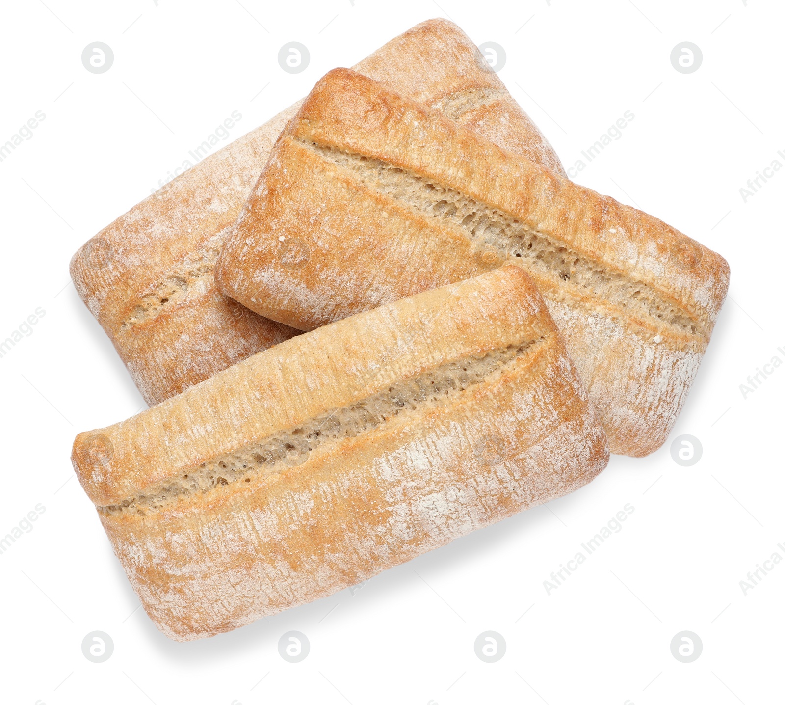 Photo of Crispy ciabattas on white background, top view. Fresh bread