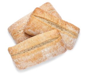 Crispy ciabattas on white background, top view. Fresh bread