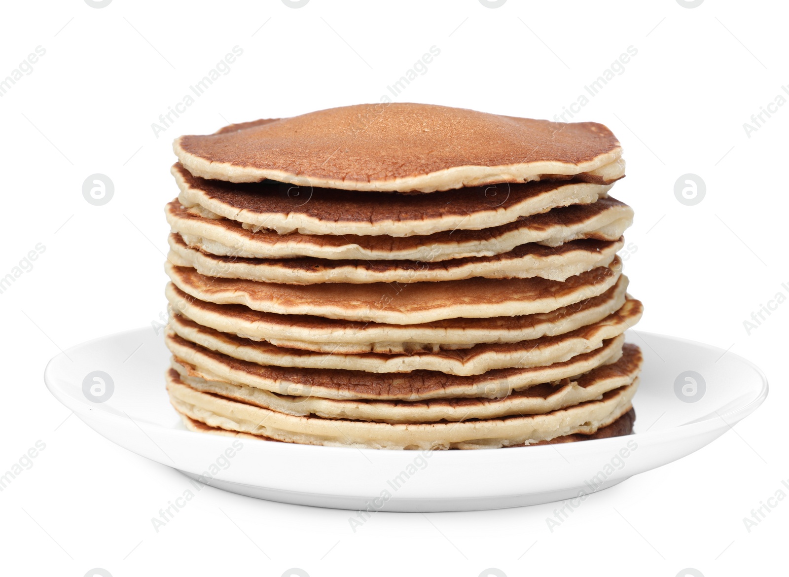 Photo of Stack of hot tasty pancakes on white background