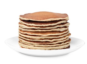 Stack of hot tasty pancakes on white background