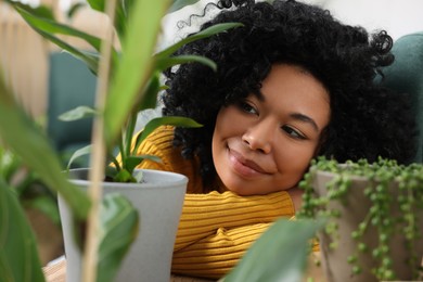 Photo of Relaxing atmosphere. Woman near potted houseplants indoors