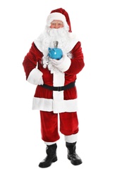 Santa Claus holding piggy bank with dollar banknotes on white background